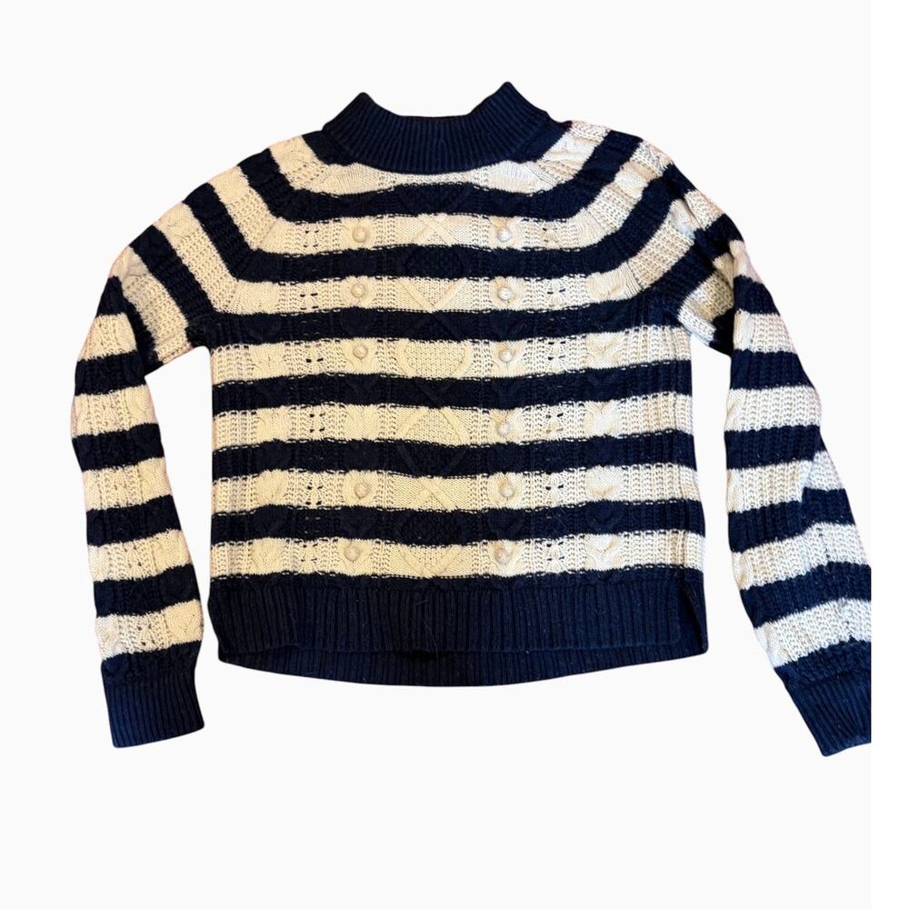 J.Crew Women's Fisherman's Sweater MEDIUM Navy Cream Striped Cable Knit